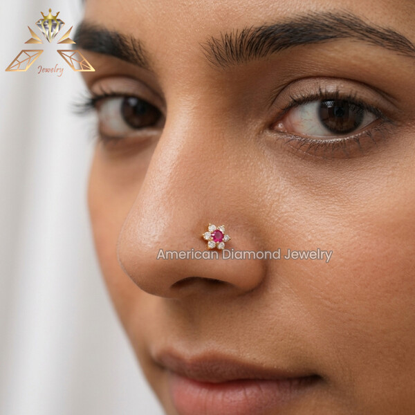 American Diamond Seven Stone Deep Pink Nose Pin