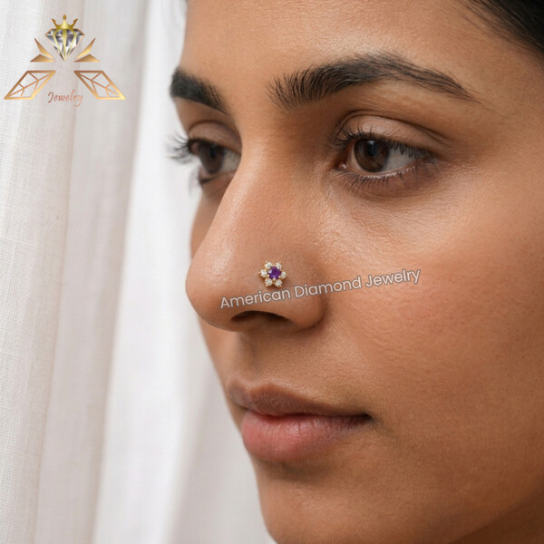 American Diamond Seven Stone Purple Nose Pin
